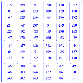 Matrix(4, 6, {(1, 1) = Vector(3, {(1) = 115, (2) = 81, (3) = 67}), (1, 2) = Vector(3, {(1) = 199, (2) = 148, (3) = 129}), (1, 3) = Vector(3, {(1) = 91, (2) = 123, (3) = 156}), (1, 4) = Vector(3, {(1) = 90, (2) = 108, (3) = 64}), (1, 5) = Vector(3, {(1) = 130, (2) = 129, (3) = 176}), (1, 6) = Vector(3, {(1) = 92, (2) = 190, (3) = 172}), (2, 1) = Vector(3, {(1) = 224, (2) = 125, (3) = 47}), (2, 2) = Vector(3, {(1) = 68, (2) = 92, (3) = 170}), (2, 3) = Vector(3, {(1) = 198, (2) = 83, (3) = 97}), (2, 4) = Vector(3, {(1) = 94, (2) = 59, (3) = 106}), (2, 5) = Vector(3, {(1) = 159, (2) = 190, (3) = 63}), (2, 6) = Vector(3, {(1) = 230, (2) = 163, (3) = 39}), (3, 1) = Vector(3, {(1) = 35, (2) = 64, (3) = 147}), (3, 2) = Vector(3, {(1) = 67, (2) = 149, (3) = 74}), (3, 3) = Vector(3, {(1) = 180, (2) = 51, (3) = 57}), (3, 4) = Vector(3, {(1) = 238, (2) = 199, (3) = 20}), (3, 5) = Vector(3, {(1) = 193, (2) = 85, (3) = 151}), (3, 6) = Vector(3, {(1) = 54, (2) = 137, (3) = 170}), (4, 1) = Vector(3, {(1) = 245, (2) = 246, (3) = 243}), (4, 2) = Vector(3, {(1) = 200, (2) = 203, (3) = 202}), (4, 3) = Vector(3, {(1) = 161, (2) = 164, (3) = 163}), (4, 4) = Vector(3, {(1) = 121, (2) = 122, (3) = 122}), (4, 5) = Vector(3, {(1) = 82, (2) = 84, (3) = 86}), (4, 6) = Vector(3, {(1) = 49, (2) = 50, (3) = 51})})