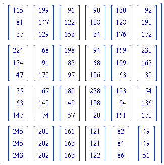 Matrix(4, 6, {(1, 1) = Vector(3, {(1) = 115, (2) = 81, (3) = 67}), (1, 2) = Vector(3, {(1) = 199, (2) = 147, (3) = 129}), (1, 3) = Vector(3, {(1) = 91, (2) = 122, (3) = 156}), (1, 4) = Vector(3, {(1) = 90, (2) = 108, (3) = 64}), (1, 5) = Vector(3, {(1) = 130, (2) = 128, (3) = 176}), (1, 6) = Vector(3, {(1) = 92, (2) = 190, (3) = 172}), (2, 1) = Vector(3, {(1) = 224, (2) = 124, (3) = 47}), (2, 2) = Vector(3, {(1) = 68, (2) = 91, (3) = 170}), (2, 3) = Vector(3, {(1) = 198, (2) = 82, (3) = 97}), (2, 4) = Vector(3, {(1) = 94, (2) = 58, (3) = 106}), (2, 5) = Vector(3, {(1) = 159, (2) = 189, (3) = 63}), (2, 6) = Vector(3, {(1) = 230, (2) = 162, (3) = 39}), (3, 1) = Vector(3, {(1) = 35, (2) = 63, (3) = 147}), (3, 2) = Vector(3, {(1) = 67, (2) = 149, (3) = 74}), (3, 3) = Vector(3, {(1) = 180, (2) = 49, (3) = 57}), (3, 4) = Vector(3, {(1) = 238, (2) = 198, (3) = 20}), (3, 5) = Vector(3, {(1) = 193, (2) = 84, (3) = 151}), (3, 6) = Vector(3, {(1) = 54, (2) = 136, (3) = 170}), (4, 1) = Vector(3, {(1) = 245, (2) = 245, (3) = 243}), (4, 2) = Vector(3, {(1) = 200, (2) = 202, (3) = 202}), (4, 3) = Vector(3, {(1) = 161, (2) = 163, (3) = 163}), (4, 4) = Vector(3, {(1) = 121, (2) = 121, (3) = 122}), (4, 5) = Vector(3, {(1) = 82, (2) = 84, (3) = 86}), (4, 6) = Vector(3, {(1) = 49, (2) = 49, (3) = 51})})