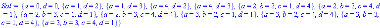 {a = 0, d = 0, {a = 1, d = 2}, {a = 1, d = 3}, {a = 4, d = 2}, {a = 4, d = 3}, {a = 2, b = 2, c = 1, d = 4}, {a = 2, b = 2, c = 4, d = 1}, {a = 2, b = 3, c = 1, d = 1}, {a = 2, b = 3, c = 4, d = 4}, {a = 3, b = 2, c = 1, d = 1}, {a = 3, b = 2, c = 4, d = 4}, {a = 3, b = 3, c = 1, d = 4}, {a = 3, b = 3, c = 4, d = 1}}