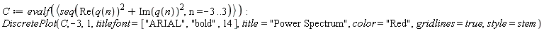 C := evalf(`<,>`(seq(Re(q(n))^2+Im(q(n))^2, n = -3 .. 3))); -1; DiscretePlot(C, -3, 1, titlefont = ["ARIAL", "bold", 14], title = "Power Spectrum", color = "Red", gridlines = true, style = stem)