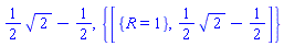 (1/2)*2^(1/2)-1/2, {[{R = 1}, (1/2)*2^(1/2)-1/2]}