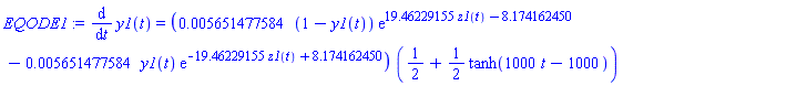 EQODE1 := diff(y1(t), t) = (0.5651477584e-2*(1-y1(t))*exp(19.46229155*z1(t)-8.174162450)-0.5651477584e-2*y1(t)*exp(-19.46229155*z1(t)+8.174162450))*(1/2+(1/2)*tanh(1000*t-1000))