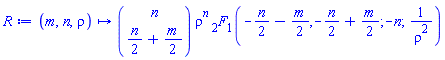 proc (m, n, rho) options operator, arrow; binomial(n, (1/2)*n+(1/2)*m)*rho^n*hypergeom([-(1/2)*n-(1/2)*m, -(1/2)*n+(1/2)*m], [-n], 1/rho^2) end proc