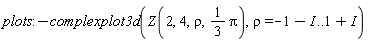 plots:-complexplot3d(Z(2, 4, rho, (1/3)*Pi), rho = -1-I .. 1+I)