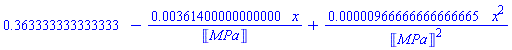 HFloat(0.36333333333333295)-HFloat(0.0036139999999999957)*x/Units:-Unit('MPa')+HFloat(9.666666666666651e-6)*x^2/Units:-Unit('MPa')^2