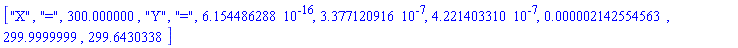 ["X", "=", 300.000000, "Y", "=", 0.6154486288e-15, 0.3377120916e-6, 0.4221403310e-6, 0.2142554563e-5, 299.9999999, 299.6430338]