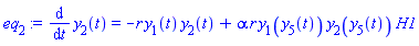 eq[2] := diff(y[2](t), t) = -r*y[1](t)*y[2](t)+alpha*r*y[1](y[5](t))*y[2](y[5](t))*H1