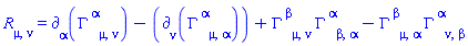 Physics:-Ricci[mu, nu] = Physics:-d_[alpha](Physics:-Christoffel[`~alpha`, mu, nu], [X])-Physics:-d_[nu](Physics:-Christoffel[`~alpha`, mu, alpha], [X])+Physics:-Christoffel[`~beta`, mu, nu]*Physics:-Christoffel[`~alpha`, beta, alpha]-Physics:-Christoffel[`~beta`, mu, alpha]*Physics:-Christoffel[`~alpha`, nu, beta]