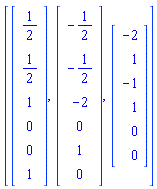 [Vector(6, {(1) = 1/2, (2) = 1/2, (3) = 1, (4) = 0, (5) = 0, (6) = 1}), Vector(6, {(1) = -1/2, (2) = -1/2, (3) = -2, (4) = 0, (5) = 1, (6) = 0}), Vector(6, {(1) = -2, (2) = 1, (3) = -1, (4) = 1, (5) = 0, (6) = 0})]