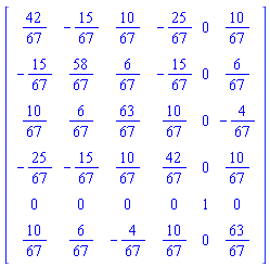 Matrix([[42/67, -15/67, 10/67, -25/67, 0, 10/67], [-15/67, 58/67, 6/67, -15/67, 0, 6/67], [10/67, 6/67, 63/67, 10/67, 0, -4/67], [-25/67, -15/67, 10/67, 42/67, 0, 10/67], [0, 0, 0, 0, 1, 0], [10/67, 6/67, -4/67, 10/67, 0, 63/67]])