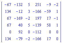 Matrix([[-67, -132, 5, 251, -9, -2], [134, -12, 3, -166, -59, 1], [67, -169, -2, 197, 17, -1], [67, 40, 5, -139, 58, 1], [0, 92, 0, -112, 0, 0], [134, -79, -2, -166, 17, 0]])