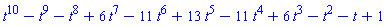 t^10-t^9-t^8+6*t^7-11*t^6+13*t^5-11*t^4+6*t^3-t^2-t+1