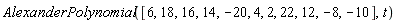 AlexanderPolynomial([6, 18, 16, 14, -20, 4, 2, 22, 12, -8, -10], t)