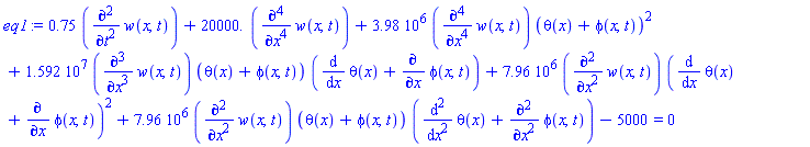 .75*(diff(diff(w(x, t), t), t))+0.2e5*(diff(diff(diff(diff(w(x, t), x), x), x), x))+0.398e7*(diff(diff(diff(diff(w(x, t), x), x), x), x))*(theta(x)+phi(x, t))^2+0.1592e8*(diff(diff(diff(w(x, t), x), x), x))*(theta(x)+phi(x, t))*(diff(theta(x), x)+diff(phi(x, t), x))+0.796e7*(diff(diff(w(x, t), x), x))*(diff(theta(x), x)+diff(phi(x, t), x))^2+0.796e7*(diff(diff(w(x, t), x), x))*(theta(x)+phi(x, t))*(diff(diff(theta(x), x), x)+diff(diff(phi(x, t), x), x))-5000 = 0