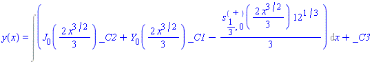 y(x) = Int(BesselJ(0, (2/3)*x^(3/2))*_C2+BesselY(0, (2/3)*x^(3/2))*_C1-(1/3)*LommelS1(1/3, 0, (2/3)*x^(3/2))*12^(1/3), x)+_C3