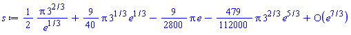 (1/2)*Pi*3^(2/3)/e^(1/3)+(9/40)*Pi*3^(1/3)*e^(1/3)-(9/2800)*Pi*e-(479/112000)*Pi*3^(2/3)*e^(5/3)+O(e^(7/3))