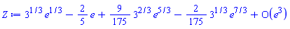 3^(1/3)*e^(1/3)-(2/5)*e+(9/175)*3^(2/3)*e^(5/3)-(2/175)*3^(1/3)*e^(7/3)+O(e^3)