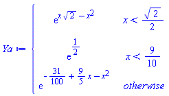 Ya := piecewise(x < (1/2)*sqrt(2), exp(x*sqrt(2)-x^2), x < 9/10, exp(1/2), exp(-31/100+(9/5)*x-x^2))