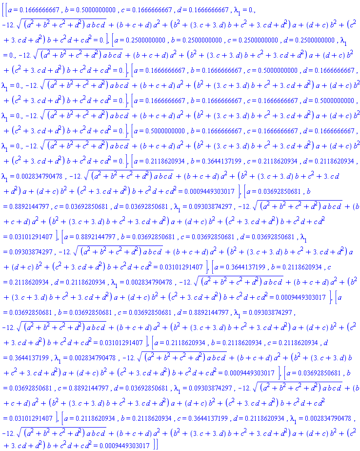 [[a = .1666666667, b = .5000000000, c = .1666666667, d = .1666666667, lambda[1] = 0., -12.*((a^2+b^2+c^2+d^2)*a*b*c*d)^(1/2)+(b+c+d)*a^2+(b^2+(3.*c+3.*d)*b+c^2+3.*c*d+d^2)*a+(d+c)*b^2+(c^2+3.*c*d+d^2)*b+c^2*d+c*d^2 = 0.], [a = .2500000000, b = .2500000000, c = .2500000000, d = .2500000000, lambda[1] = 0., -12.*((a^2+b^2+c^2+d^2)*a*b*c*d)^(1/2)+(b+c+d)*a^2+(b^2+(3.*c+3.*d)*b+c^2+3.*c*d+d^2)*a+(d+c)*b^2+(c^2+3.*c*d+d^2)*b+c^2*d+c*d^2 = 0.], [a = .1666666667, b = .1666666667, c = .5000000000, d = .1666666667, lambda[1] = 0., -12.*((a^2+b^2+c^2+d^2)*a*b*c*d)^(1/2)+(b+c+d)*a^2+(b^2+(3.*c+3.*d)*b+c^2+3.*c*d+d^2)*a+(d+c)*b^2+(c^2+3.*c*d+d^2)*b+c^2*d+c*d^2 = 0.], [a = .1666666667, b = .1666666667, c = .1666666667, d = .5000000000, lambda[1] = 0., -12.*((a^2+b^2+c^2+d^2)*a*b*c*d)^(1/2)+(b+c+d)*a^2+(b^2+(3.*c+3.*d)*b+c^2+3.*c*d+d^2)*a+(d+c)*b^2+(c^2+3.*c*d+d^2)*b+c^2*d+c*d^2 = 0.], [a = .5000000000, b = .1666666667, c = .1666666667, d = .1666666667, lambda[1] = 0., -12.*((a^2+b^2+c^2+d^2)*a*b*c*d)^(1/2)+(b+c+d)*a^2+(b^2+(3.*c+3.*d)*b+c^2+3.*c*d+d^2)*a+(d+c)*b^2+(c^2+3.*c*d+d^2)*b+c^2*d+c*d^2 = 0.], [a = .2118620934, b = .3644137199, c = .2118620934, d = .2118620934, lambda[1] = 0.2834790478e-2, -12.*((a^2+b^2+c^2+d^2)*a*b*c*d)^(1/2)+(b+c+d)*a^2+(b^2+(3.*c+3.*d)*b+c^2+3.*c*d+d^2)*a+(d+c)*b^2+(c^2+3.*c*d+d^2)*b+c^2*d+c*d^2 = 0.9449303017e-3], [a = 0.3692850681e-1, b = .8892144797, c = 0.3692850681e-1, d = 0.3692850681e-1, lambda[1] = 0.9303874297e-1, -12.*((a^2+b^2+c^2+d^2)*a*b*c*d)^(1/2)+(b+c+d)*a^2+(b^2+(3.*c+3.*d)*b+c^2+3.*c*d+d^2)*a+(d+c)*b^2+(c^2+3.*c*d+d^2)*b+c^2*d+c*d^2 = 0.3101291407e-1], [a = .8892144797, b = 0.3692850681e-1, c = 0.3692850681e-1, d = 0.3692850681e-1, lambda[1] = 0.9303874297e-1, -12.*((a^2+b^2+c^2+d^2)*a*b*c*d)^(1/2)+(b+c+d)*a^2+(b^2+(3.*c+3.*d)*b+c^2+3.*c*d+d^2)*a+(d+c)*b^2+(c^2+3.*c*d+d^2)*b+c^2*d+c*d^2 = 0.3101291407e-1], [a = .3644137199, b = .2118620934, c = .2118620934, d = .2118620934, lambda[1] = 0.2834790478e-2, -12.*((a^2+b^2+c^2+d^2)*a*b*c*d)^(1/2)+(b+c+d)*a^2+(b^2+(3.*c+3.*d)*b+c^2+3.*c*d+d^2)*a+(d+c)*b^2+(c^2+3.*c*d+d^2)*b+c^2*d+c*d^2 = 0.9449303017e-3], [a = 0.3692850681e-1, b = 0.3692850681e-1, c = 0.3692850681e-1, d = .8892144797, lambda[1] = 0.9303874297e-1, -12.*((a^2+b^2+c^2+d^2)*a*b*c*d)^(1/2)+(b+c+d)*a^2+(b^2+(3.*c+3.*d)*b+c^2+3.*c*d+d^2)*a+(d+c)*b^2+(c^2+3.*c*d+d^2)*b+c^2*d+c*d^2 = 0.3101291407e-1], [a = .2118620934, b = .2118620934, c = .2118620934, d = .3644137199, lambda[1] = 0.2834790478e-2, -12.*((a^2+b^2+c^2+d^2)*a*b*c*d)^(1/2)+(b+c+d)*a^2+(b^2+(3.*c+3.*d)*b+c^2+3.*c*d+d^2)*a+(d+c)*b^2+(c^2+3.*c*d+d^2)*b+c^2*d+c*d^2 = 0.9449303017e-3], [a = 0.3692850681e-1, b = 0.3692850681e-1, c = .8892144797, d = 0.3692850681e-1, lambda[1] = 0.9303874297e-1, -12.*((a^2+b^2+c^2+d^2)*a*b*c*d)^(1/2)+(b+c+d)*a^2+(b^2+(3.*c+3.*d)*b+c^2+3.*c*d+d^2)*a+(d+c)*b^2+(c^2+3.*c*d+d^2)*b+c^2*d+c*d^2 = 0.3101291407e-1], [a = .2118620934, b = .2118620934, c = .3644137199, d = .2118620934, lambda[1] = 0.2834790478e-2, -12.*((a^2+b^2+c^2+d^2)*a*b*c*d)^(1/2)+(b+c+d)*a^2+(b^2+(3.*c+3.*d)*b+c^2+3.*c*d+d^2)*a+(d+c)*b^2+(c^2+3.*c*d+d^2)*b+c^2*d+c*d^2 = 0.9449303017e-3]]