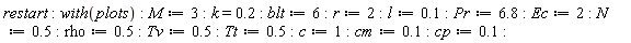 restart; with(plots); M := 3; k = .2; blt := 6; r := 2; l := .1; Pr := 6.8; Ec := 2; N := .5; rho := .5; Tv := .5; Tt := .5; c := 1; cm := .1; cp := .1