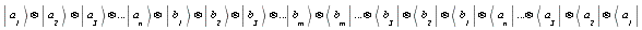 "Ket(a[`1`])&otimes; Ket(a[`2`]) Ket(a[`3`])&otimes;... Ket(a[n]) Ket(b[`1`]) &otimes;Ket(b[`2`])&otimes;Ket(b[`3`]) &otimes;...Ket(b[m]) &otimes;Bra(b[m])&otimes; Bra(b[`3`]) &otimes;Bra(b[`2`]) &otimes;Bra(b[`1`])&otimes; Bra(a[n])...&otimes; Bra(a[`3`]) Bra(a[`2`])&otimes; Bra(a[`1`])"