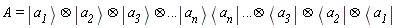 A = `&otimes;`(`&otimes;`(Ket(a__1), Ket(a__2)), Ket(a__3))*Ket(a__n)*Bra(a__n) .. `&otimes;`(Bra(a__3))*`&otimes;`(Bra(a__2), Bra(a__1))