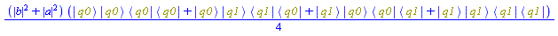 (1/4)*(abs(b)^2+abs(a)^2)*(Physics:-`*`(Physics:-Ket(q0), Physics:-Ket(q0), Physics:-Bra(q0), Physics:-Bra(q0))+Physics:-`*`(Physics:-Ket(q0), Physics:-Ket(q1), Physics:-Bra(q1), Physics:-Bra(q0))+Physics:-`*`(Physics:-Ket(q1), Physics:-Ket(q0), Physics:-Bra(q0), Physics:-Bra(q1))+Physics:-`*`(Physics:-Ket(q1), Physics:-Ket(q1), Physics:-Bra(q1), Physics:-Bra(q1)))
