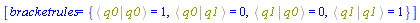 [bracketrules = {%Bracket(%Bra(q0), %Ket(q0)) = 1, %Bracket(%Bra(q0), %Ket(q1)) = 0, %Bracket(%Bra(q1), %Ket(q0)) = 0, %Bracket(%Bra(q1), %Ket(q1)) = 1}]