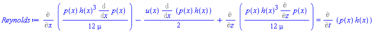 Diff((1/12)*p(x)*h(x)^3*(Diff(p(x), x))/mu, x)-(1/2)*u(x)*(Diff(p(x)*h(x), x))+Diff((1/12)*p(x)*h(x)^3*(Diff(p(x), z))/mu, z) = Diff(p(x)*h(x), t)