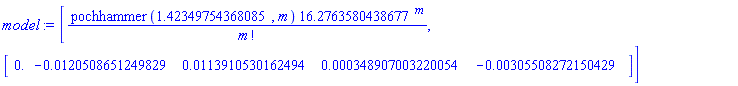 model := [pochhammer(1.42349754368085, m)*16.2763580438677^m/factorial(m), Vector[row](5, {(1) = 0., (2) = -0.120508651249829e-1, (3) = 0.113910530162494e-1, (4) = 0.348907003220054e-3, (5) = -0.305508272150429e-2})]