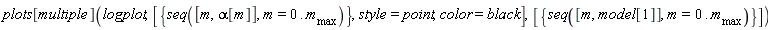 plots[multiple](logplot, [{seq([m, alpha[m]], m = 0 .. m__max)}, style = point, color = black], [{seq([m, model[1]], m = 0 .. m__max)}])
