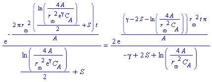exp(-2*Pi*`r__&omega;`^2*((1/2)*ln(4*A/(`r__&omega;`^2*exp(gamma)*C__A))+S)*t/A)/((1/2)*ln(4*A/(`r__&omega;`^2*exp(gamma)*C__A))+S) = 2*exp((gamma-2*S-ln(4*A/(`r__&omega;`^2*C__A)))*`r__&omega;`^2*t*Pi/A)/(-gamma+2*S+ln(4*A/(`r__&omega;`^2*C__A)))