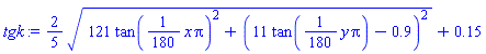 (2/5)*(121*tan((1/180)*x*Pi)^2+(11*tan((1/180)*y*Pi)-.9)^2)^(1/2)+.15