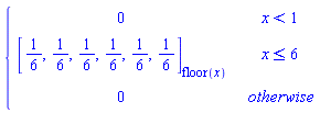 piecewise(x < 1, 0, x <= 6, [1/6, 1/6, 1/6, 1/6, 1/6, 1/6][floor(x)], 0)