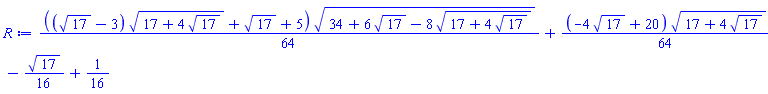 (1/64)*((17^(1/2)-3)*(17+4*17^(1/2))^(1/2)+17^(1/2)+5)*(34+6*17^(1/2)-8*(17+4*17^(1/2))^(1/2))^(1/2)+(1/64)*(-4*17^(1/2)+20)*(17+4*17^(1/2))^(1/2)-(1/16)*17^(1/2)+1/16