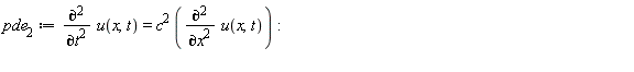 pde[2] := diff(u(x, t), t, t) = c^2*(diff(u(x, t), x, x))
