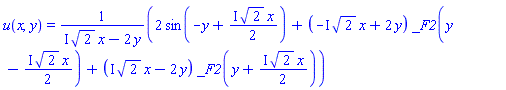 u(x, y) = (2*sin(-y+((1/2)*I)*2^(1/2)*x)+(-I*2^(1/2)*x+2*y)*_F2(y-((1/2)*I)*2^(1/2)*x)+(I*2^(1/2)*x-2*y)*_F2(y+((1/2)*I)*2^(1/2)*x))/(I*2^(1/2)*x-2*y)