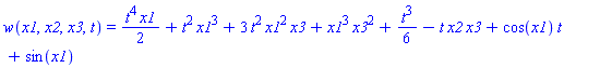 w(x1, x2, x3, t) = (1/2)*t^4*x1+t^2*x1^3+3*t^2*x1^2*x3+x1^3*x3^2+(1/6)*t^3-t*x2*x3+cos(x1)*t+sin(x1)