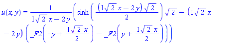 u(x, y) = (sinh((1/2)*(I*2^(1/2)*x-2*y)*2^(1/2))*2^(1/2)-(I*2^(1/2)*x-2*y)*(_F2(-y+((1/2)*I)*2^(1/2)*x)-_F2(y+((1/2)*I)*2^(1/2)*x)))/(I*2^(1/2)*x-2*y)