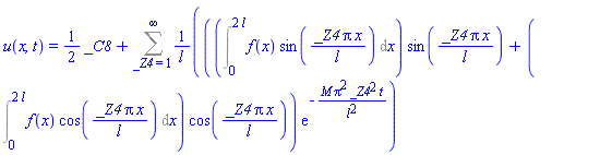 u(x, t) = (1/2)*_C8+Sum(((Int(f(x)*sin(_Z4*Pi*x/l), x = 0 .. 2*l))*sin(_Z4*Pi*x/l)+(Int(f(x)*cos(_Z4*Pi*x/l), x = 0 .. 2*l))*cos(_Z4*Pi*x/l))*exp(-M*Pi^2*_Z4^2*t/l^2)/l, _Z4 = 1 .. infinity)