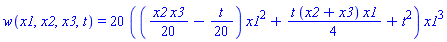 w(x1, x2, x3, t) = 20*(((1/20)*x2*x3-(1/20)*t)*x1^2+(1/4)*t*(x2+x3)*x1+t^2)*x1^3
