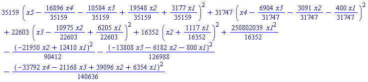 35159*(x5-(16896/35159)*x4-(10584/35159)*x3+(19548/35159)*x2+(3177/35159)*x1)^2+31747*(x4-(6904/31747)*x3-(3091/31747)*x2-(400/31747)*x1)^2+22603*(x3-(10975/22603)*x2+(6205/22603)*x1)^2+16352*(x2+(1117/16352)*x1)^2+(250802039/16352)*x1^2-(1/90412)*(-21950*x2+12410*x1)^2-(1/126988)*(-13808*x3-6182*x2-800*x1)^2-(1/140636)*(-33792*x4-21168*x3+39096*x2+6354*x1)^2
