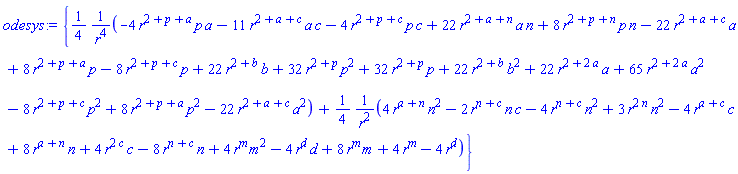 {(1/4)*(-4*r^(2+p+a)*p*a-11*r^(2+a+c)*a*c-4*r^(2+p+c)*p*c+22*r^(2+a+n)*a*n+8*r^(2+p+n)*p*n-22*r^(2+a+c)*a+8*r^(2+p+a)*p-8*r^(2+p+c)*p+22*r^(2+b)*b+32*r^(2+p)*p^2+32*r^(2+p)*p+22*r^(2+b)*b^2+22*r^(2+2*a)*a+65*r^(2+2*a)*a^2-8*r^(2+p+c)*p^2+8*r^(2+p+a)*p^2-22*r^(2+a+c)*a^2)/r^4+(1/4)*(4*r^(a+n)*n^2-2*r^(n+c)*n*c-4*r^(n+c)*n^2+3*r^(2*n)*n^2-4*r^(a+c)*c+8*r^(a+n)*n+4*r^(2*c)*c-8*r^(n+c)*n+4*r^m*m^2-4*r^d*d+8*r^m*m+4*r^m-4*r^d)/r^2}