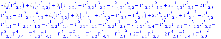 -Gamma[`~2`, 3, 2]*Gamma[`~3`, 2, 2]-Gamma[`~2`, 4, 2]*Gamma[`~4`, 2, 2]-Gamma[`~1`, 2, 2]*Gamma[`~2`, 1, 2]+2*Gamma[`~1`, 2, 2]*Gamma[`~2`, 2, 1]+2*Gamma[`~2`, 2, 3]*Gamma[`~3`, 2, 2]+2*Gamma[`~2`, 2, 4]*Gamma[`~4`, 2, 2]+%d_[1](Gamma[`~1`, 2, 2])-%d_[4](Gamma[`~4`, 2, 2])+%d_[3](Gamma[`~3`, 2, 2])+%d_[2](Gamma[`~2`, 2, 2])+2*Gamma[`~4`, 2, 3]*Gamma[`~3`, 2, 4]+Gamma[`~4`, 2, 4]^2-Gamma[`~1`, 2, 2]*Gamma[`~1`, 1, 1]-Gamma[`~1`, 2, 2]*Gamma[`~3`, 1, 3]-Gamma[`~1`, 2, 2]*Gamma[`~4`, 1, 4]-Gamma[`~2`, 2, 2]*Gamma[`~1`, 2, 1]-Gamma[`~2`, 2, 2]*Gamma[`~3`, 2, 3]-Gamma[`~2`, 2, 2]*Gamma[`~4`, 2, 4]-Gamma[`~3`, 2, 2]*Gamma[`~1`, 3, 1]-Gamma[`~3`, 2, 2]*Gamma[`~3`, 3, 3]-Gamma[`~3`, 2, 2]*Gamma[`~4`, 3, 4]-Gamma[`~4`, 2, 2]*Gamma[`~1`, 4, 1]-Gamma[`~4`, 2, 2]*Gamma[`~3`, 4, 3]-Gamma[`~4`, 2, 2]*Gamma[`~4`, 4, 4]+Gamma[`~1`, 2, 1]^2+2*Gamma[`~3`, 2, 1]*Gamma[`~1`, 2, 3]+2*Gamma[`~4`, 2, 1]*Gamma[`~1`, 2, 4]+Gamma[`~3`, 2, 3]^2+%d_[2](Gamma[`~1`, 2, 1]+Gamma[`~2`, 2, 2]+Gamma[`~3`, 2, 3]+Gamma[`~4`, 2, 4])