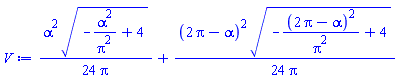 (1/24)*alpha^2*(-alpha^2/Pi^2+4)^(1/2)/Pi+(1/24)*(2*Pi-alpha)^2*(-(2*Pi-alpha)^2/Pi^2+4)^(1/2)/Pi