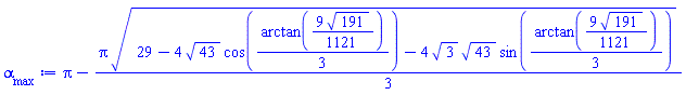 Pi-(1/3)*Pi*(29-4*43^(1/2)*cos((1/3)*arctan((9/1121)*191^(1/2)))-4*3^(1/2)*43^(1/2)*sin((1/3)*arctan((9/1121)*191^(1/2))))^(1/2)
