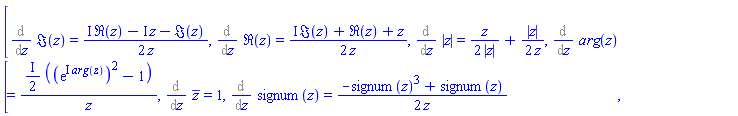 [%diff(Im(z), z) = (1/2)*(I*Re(z)-I*z-Im(z))/z, %diff(Re(z), z) = (1/2)*(I*Im(z)+Re(z)+z)/z, %diff(abs(z), z) = (1/2)*z/abs(z)+(1/2)*abs(z)/z, %diff(argument(z), z) = ((1/2)*I)*((exp(I*argument(z)))^2-1)/z, %diff(conjugate(z), z) = 1, %diff(signum(z), z) = (1/2)*(-signum(z)^3+signum(z))/z]