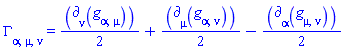 Physics:-Christoffel[alpha, mu, nu] = (1/2)*Physics:-d_[nu](Physics:-g_[alpha, mu], [X])+(1/2)*Physics:-d_[mu](Physics:-g_[alpha, nu], [X])-(1/2)*Physics:-d_[alpha](Physics:-g_[mu, nu], [X])