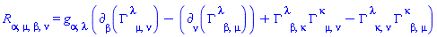Physics:-Riemann[alpha, mu, beta, nu] = Physics:-g_[alpha, lambda]*(Physics:-d_[beta](Physics:-Christoffel[`~lambda`, mu, nu], [X])-Physics:-d_[nu](Physics:-Christoffel[`~lambda`, beta, mu], [X])+Physics:-Christoffel[`~lambda`, beta, kappa]*Physics:-Christoffel[`~kappa`, mu, nu]-Physics:-Christoffel[`~lambda`, kappa, nu]*Physics:-Christoffel[`~kappa`, beta, mu])