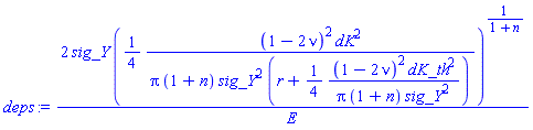 2*sig_Y*((1/4)*(1-2*nu)^2*dK^2/(pi*(1+n)*sig_Y^2*(r+(1/4)*(1-2*nu)^2*dK_th^2/(pi*(1+n)*sig_Y^2))))^(1/(1+n))/E